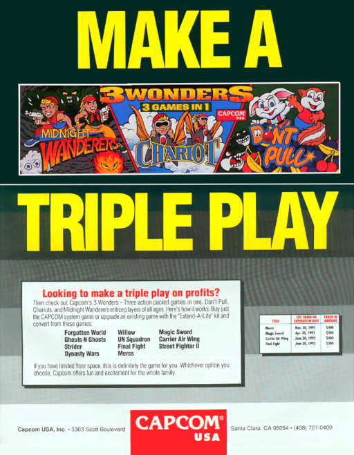 Three Wonders (wonder 3 910520 USA) Arcade Game Cover